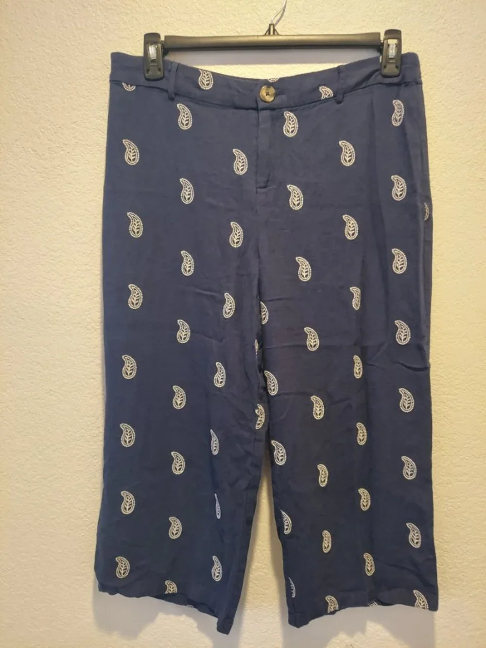Calligraphie Linen Blend Paisley Wide Leg Cropped Pants Blue Coastal Nautical - Picture 7 of 13